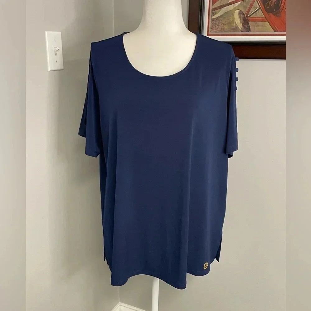 Michael Kors Lattice Sleeve Blue Top Size 1X Plus NEW Short Sleeve